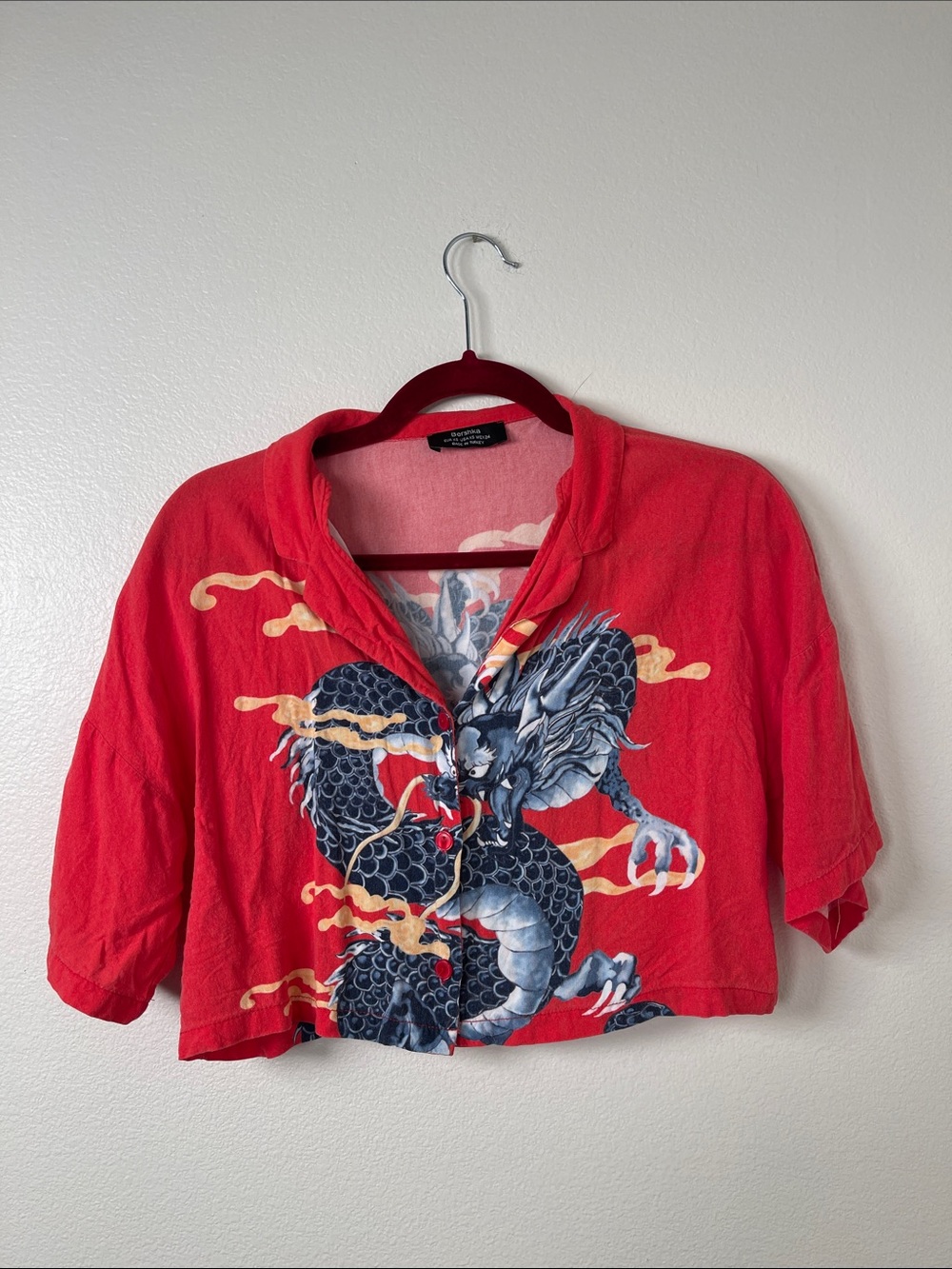 Dragon Print Cropped Button-Down Shirt
